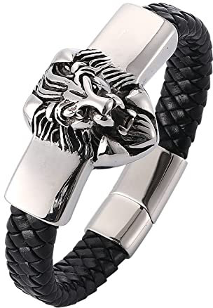 Ayoiow Männer Armband Indianer, Armband Herren Edelstahl Armbänder Herren Leder Schwarz Flechtarmband mit Löwenkopf