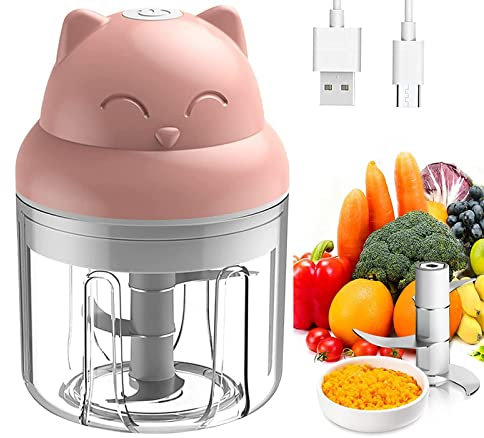 Tritatutto Elettrico da 23W, Forma Gatto,Ricaricabile USB, Mini frullatore,per Alimenti Aglio, Pepe, spezie, 250ml, con Lame in Acciaio, Piccolo Robot da Cucina,Bambini