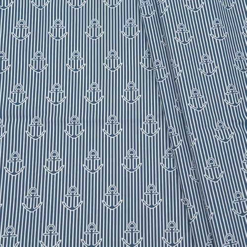 STOFFKONTOR Dekostoff bedruckt Halbpanama Leinen Optik Anker und Streifen - Öko-Tex Standard 100 - Meterware, Farbe Blau - zum Nähen von Tischwäsche, Kissen, Vorhängen, Dekoartikeln uvm.