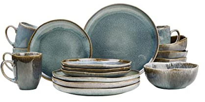 BUTLERS Geschirrset 4 Personen HILDA 16-tlg. Steingut Geschirr blau Tafelservice Landhaus | Speiseteller, Frühstücksteller, Schalen Set, Tassen | Mikrowellen- & spülmaschinenfest