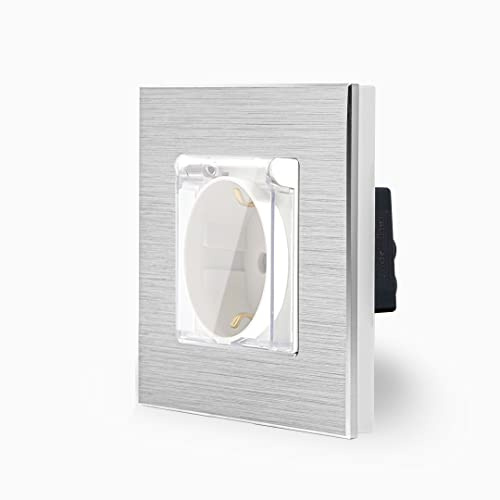 Luxus-Time Steckdose Schuko mit Abdeckung im einfachen Design Aluminiumrahmen für die DE Unterputzdose Einbau Stecker mit Deckel Spritzwassergeschütz IP44 in weiß LXBA1-LX-71Cover-11