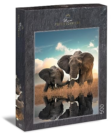 Ulmer Puzzleschmiede - Puzzle „Father & Son“ - Klassisches 500 Teile Elefantenpuzzle – Sympathisches Puzzlemotiv afrikanische Elefanten am Wasser - Made in Germany
