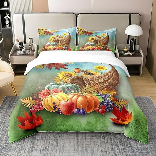 100% Bio-Baumwolle Happy Thanksgiving Bettbezug Kleiner Kürbis Bettwäsche Set Herbst Ahorn Blätter Tröster Abdeckung 200x200,Ernte Lebensmittel Festival Bett Sets mit 2 Kissenbezüge Weich Atmungsaktiv