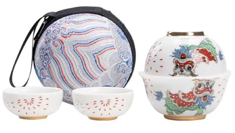 Bafnsiji Teiera Kung Fu e Set di Tazze, Set da tè Portatile per Adulti, Set da Viaggio con Borsa Portatile, Set da Viaggio Cinese, Set da Viaggio in Ceramica