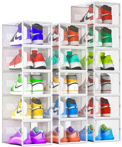 Unique Impression 16 Pack Shoe Storage Box Large Size- Clear Stackable Boxes - Plastic Trainer Storage Boxes - Transparent Shoe Display Containers