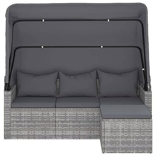 Gecheer Sonnenliege mit Dach, Gartenbett, Gartensofa 3 Sitzer und Fußhocker Gartenmöbel Poly Rattan Grau