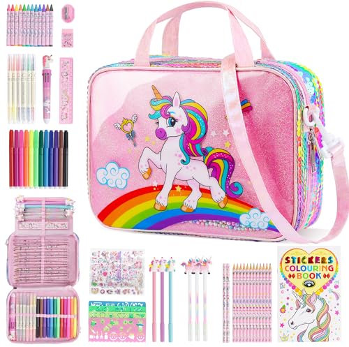 D-FantiX Einhorn Geschenke für Mädchen 4 5 6 7 8-12 Jahre, Malstifte Filzstifte Malset, Buntstifte Set Handtasche Spielzeug für Kinder, Stifte Zeichenset Geschenk Kinder