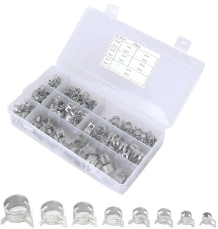 Joyzan Spring Band Hose Clamps, Stainless Steel Silicone Vacuum Hose Assortment Kit Fuel Line Wire Air Tube Water Pipe Clip Fasteners Low Pressure Pliers 6.5mm 8mm 10mm 11mm 12mm 14mm 16mm 18mm 160Pcs