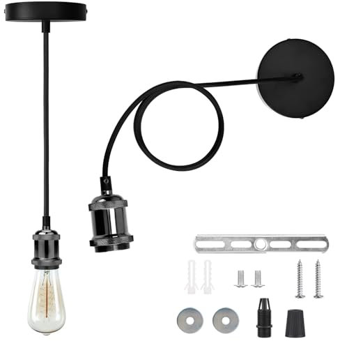 Powice Metall Lampenaufhängung E27 Mit Kabeln, 100cm, Retro Fassung, Höhenverstellbar Mit Deckenhalter Für Deckenleuchte Wohnzimmer