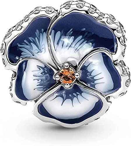 Wedanor Damen Blaue Stiefmütterchenblume Charm Anhänger für Armband 925 Sterling Silber Geburtsstein Charms Beads passend für Armband
