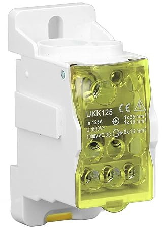 125A Klemmblock Hutschiene, DIN-Schienen Verteilerkasten, 1 In 6 Out, Gelb | Eingang 6-16mm² / 10-35mm², Ausgang 2.5-16mm², für Verteilerkästen, Schaltschränke und Niederspannungsschränke