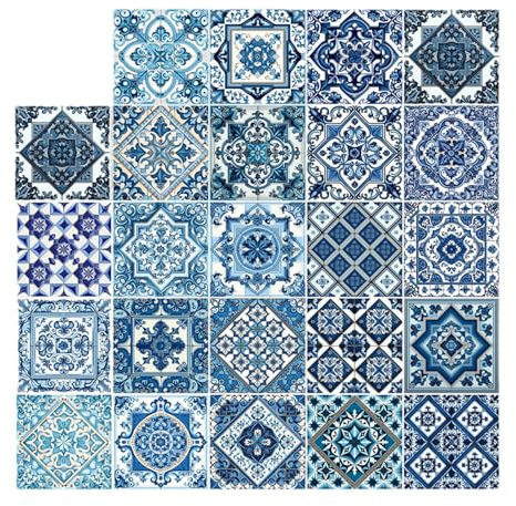 Duroecsain Portugiesische Fliesenkunst, Vintage-Fliesen zum Abziehen und Aufkleben - 24 Stück Fliesenaufkleber im antiken portugiesischen Design, selbstklebend,Einfach anzubringende, wasserfeste