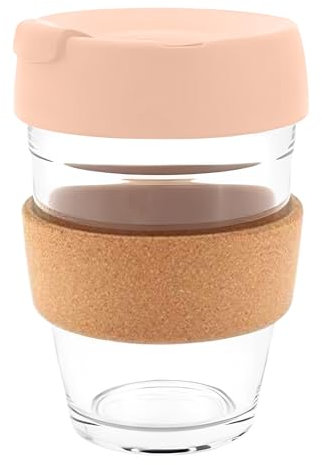 Reusable Glass Coffee Cup/Travel Mug with Lid - Heat Resistant Sleeve Surround Eco Friendly with Plugged Removable Lid (Apricot Cork).