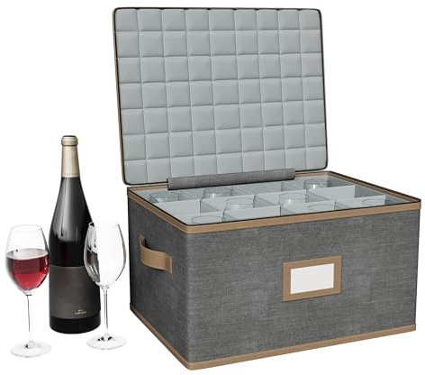 TomVista Wine Glass Storage Box with Dividers, Quilted Hard Shell Organizer for Stemware and Glassware Sets, Ideal for Storage and Moving Supplies, 1-Pack, Grey