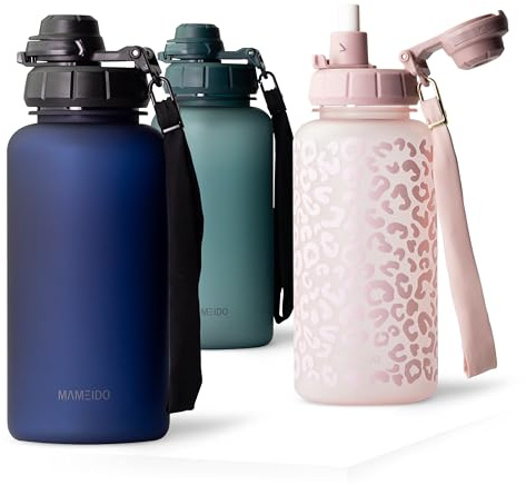MAMEIDO Botella con pajita y marcador de tiempo 1 l (Dark Night) | antigoteo, sin BPA, con tapa deportiva 2 en 1, pajita y asa de transporte, botella agua niños para el deporte y el colegio