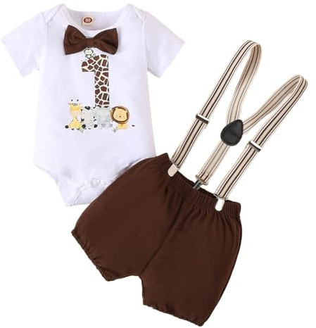 LUVCES Bebé Niño 1 Año Compleanno Ropa Wild One Estampado Mameluco de Caballero+ Pantalones Cortos con Tirantes Conjunto de Trajes Compleannos One Marrón oscuro 9-12 Meses