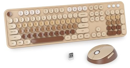 iRoboosta Juego combinado de teclado y mouse inalámbricos coloridos, 2.4 GHz, bonito teclado de máquina de escribir con teclas redondas, tamaño completo con teclado numérico, teclados estéticos para