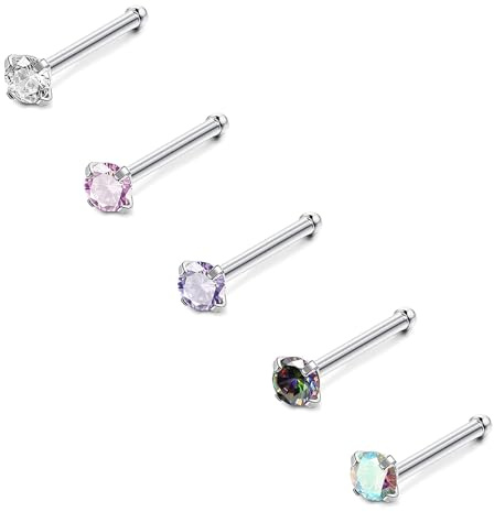 LAURITAMI 5 Stück Nasenpiercing Stecker Silber 20G CZ Nasenstecker Edelstahl Nasenpiercing Steck Set Nostril Piercing Damen Herren Nasen Piercing Nase
