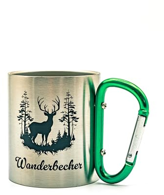 LivuX Metallbecher mit grünem Karabinerhenkel und Elchmotiv Wanderbecher Höhe=8cm, Durchmesser =7cm, Fassungsvermögen: 200ml Trinkbecher robust 1106
