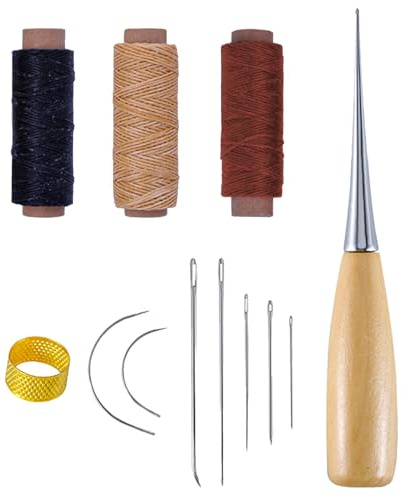 12Pcs Leather Sewing Needle, 30m Waxed Thread Kit Hand Sewing Needles Curved Needle Cord Drilling Awl Thimble for Embroidery Bookbinding Hand Stitching DIY Leather Repair