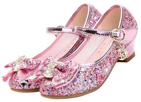 ZOUPREME Scarpe da Principessa Elsa per Bambina, Splendenti Scarpe Costume con Tacco Basso, Scarpette Eleganti con Velcro (A-Pink,28)