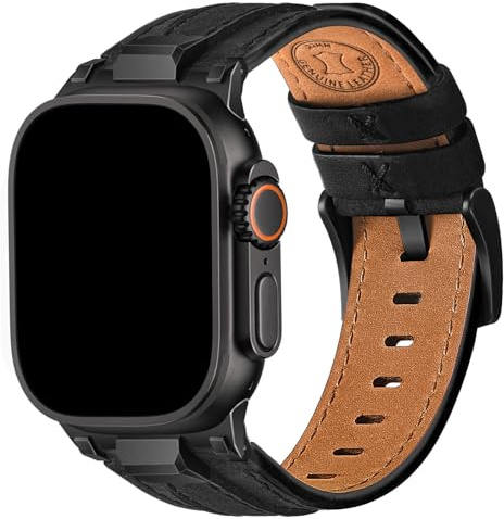 Wristitani Läderarmband kompatibelt med Apple Watch 49 mm 46 mm 45 mm 44 mm 42 mm, äkta läder hållbar metallkontakt, för iWatch Ultra Series 10 9 8 7 SE 6 5 4 3, Svart + svart hårdvara, 44/45/46/49