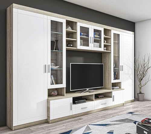 AXLIVING Parisca Wohnwand mit viel Stauraum 340 cm, Sonoma Eiche/Weiß, Schrankwand für Wohnzimmer