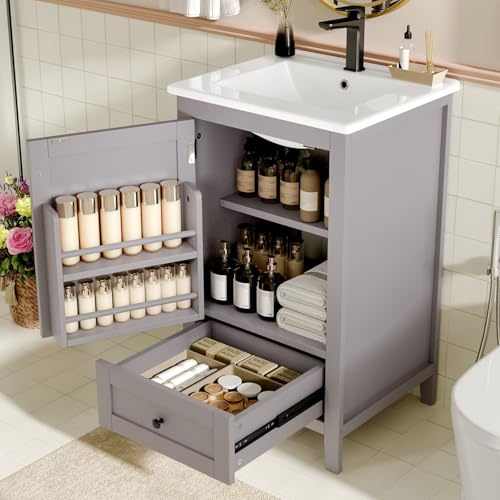 Sweiko Meuble de Salle de Bain sur Pied avec Lavabo 51x46x85 cm,Meuble de Rangement à Portes,Tiroirs Silencieux de Grande Capacité,Étagères Réglables,Lavabo en Céramique (White + Ceramic+MDF)