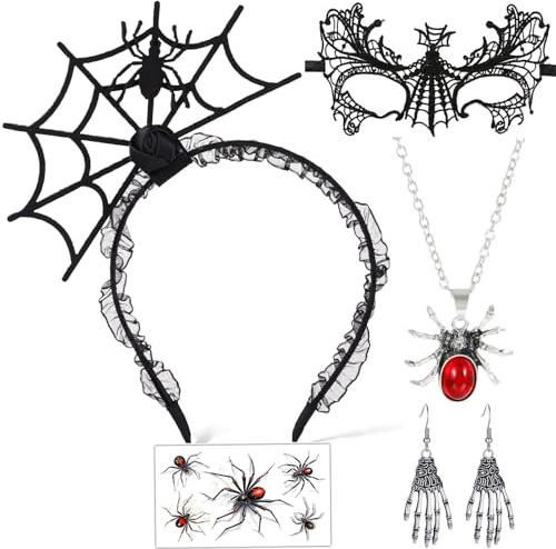 YDUNARISE Halloween Accessoires Damen, mit Haarreif, Spitze Halbmaske, Totenkopf Ohrringe, Spinne Temporäre Tattoo und Halskette, für Halloween Karneval Fasching Motto Gothic Party