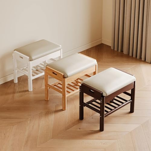 Banco zapatero de madera de nogal y blanco, almacenamiento de entrada de 2 niveles con cojín de cuero sintético para pasillos, puertas delanteras, vestíbulos y pasillos, elegante y funcional