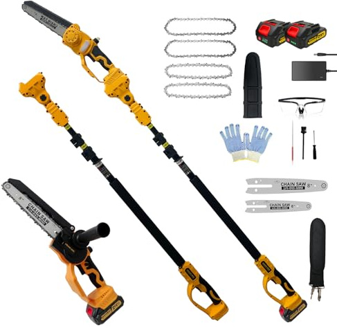 8 inch & 6 Inch Portable Electric Chainsaw, Mini Chainsaw Cordless with Extension Pole, Tree Trimmer Limb Branch Cutter Pruner with 2 Battery, pole saws for tree trimming (Yellow-PS1)