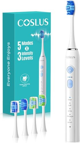COSLUS C30 Cepillo de Dientes Eléctrico Sónico: 5 Modos con 3 Niveles de Intensidad - Diseñado para Dientes Sensibles - Adecuado para uso Doméstico o de Viaje - Dos Tipos de Cabezales de Cepillo