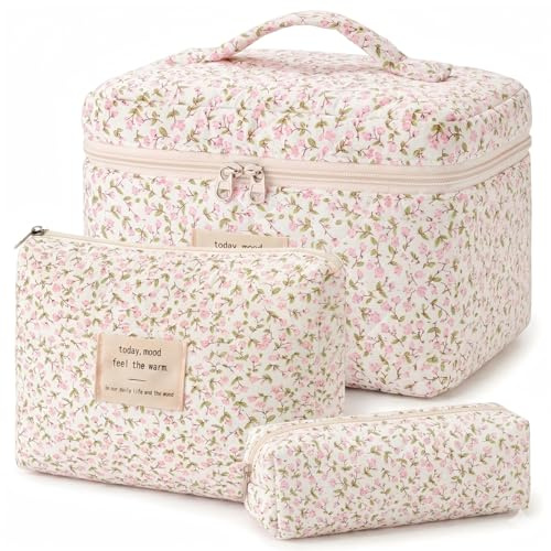 3er Set Kosmetiktasche, kulturtasche Damen mit Blumenmuster, Gesteppte kulturbeutel Make Up Tasche Reise, Tragbare Schminktasche Makeup Bag für Mädchen Frauen, Organizer Waschtasche
