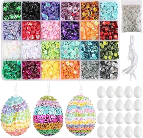 Aoligei Styroporeier Bastelset, 24 Ostereier zum Aufhängen + 24 Farbe Pailletten und Stecknadeln Schnur für DIY P-ailletten Ostereier Basteln Kinder Oster Geschenk (24pc Farbe Pailletten)