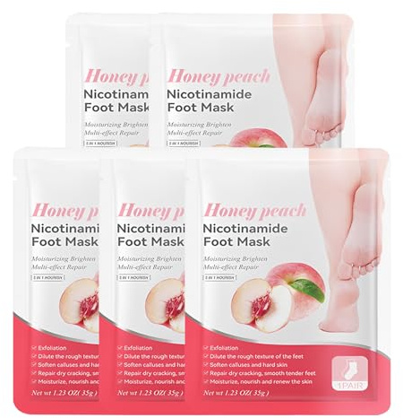 Rudfovn 5 Pack Foot Mask, Peach Extracts Formula Foot Peel Mask for Hard Skin Dry Cracked Feet Moisturising & Exfoliating