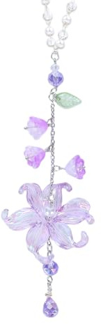 LuneClat Lily of The Valley Leaf Car Charm - Purple Waterlily Crystal Drop Floral Sun Catcher for Rear View Mirror Decor, Resin Flower Beads Cars Interior Hanging Accessory for Women Men