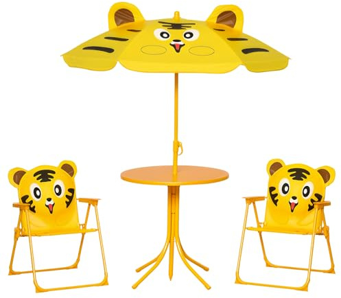 Outsunny Tavolo da Picnic per Bambini, Set Tavolo e Sedie con 2 Sedie Pieghevoli e Ombrellone Removibile, Tema Rana, Set da Esterno per Giardino, Patio, Giallo