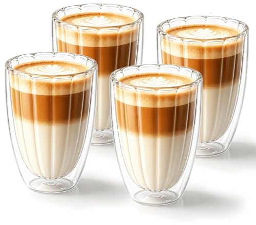 twoant Ribbed Coffee Glasses Double Walled 4×350ml Latte Macchiato Glasser Cappuccino Cups Glass Borosilicate Glass Cups for Coffee Matcha Latte
