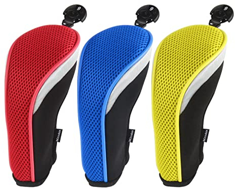 Andux Golf Hybrid Club Head Covers Short Neck Pack of 3 Red+Yellow+Blue | with Dial No. Tag | Coloured Piping | all the Same Size | Short Neck