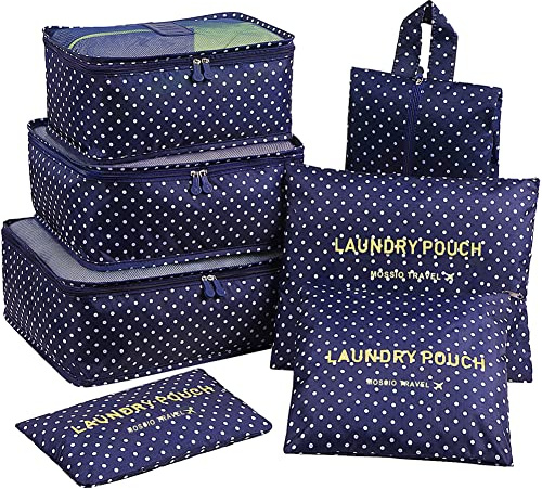 Mossio 7 set packkuber med skoväska – resehandbagage organisatör, blå cirkel, en storlek