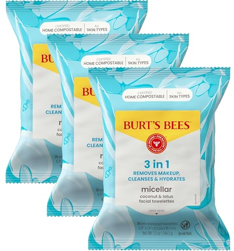 Face Wipes, Burt's Bees Facial Cleansing, Makeup Remover Towelettes, 3 in 1 Hydrating Micellar Cleanser with Coconut & Lotus Water, 90 Count (Packaging May Vary)