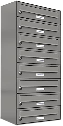 AL Briefkastensysteme 8 er Briefkastenanlage Aluminiumgrau RAL 9007, Premium Briefkasten DIN A4, 8 Fach Postkasten modern Aufputz