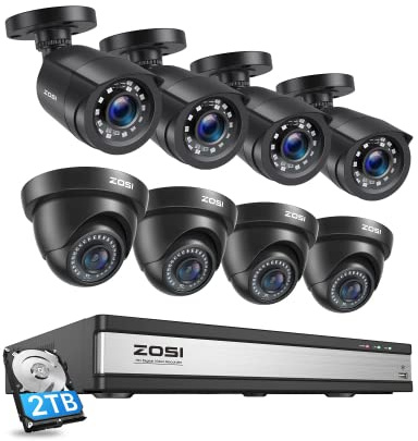 ZOSI CCTV Camera System Outdoor, 8x 2MP Night Vision Home Security Camera | 2TB Hard Drive, H.265+ 3K Lite 16CH DVR System,1080P Outdoor Indoor Weatherproof Surveillance Camera, AI Human/Vehicle Detect
