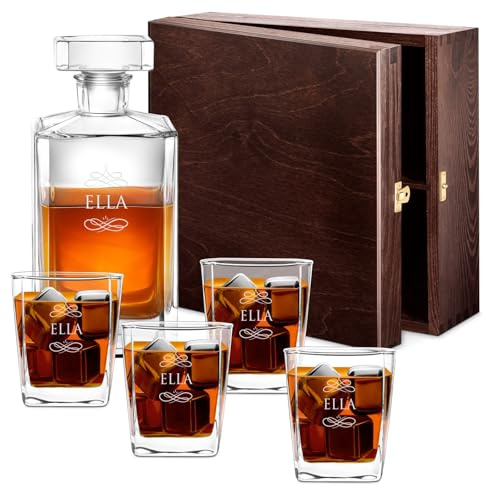 Maverton Whiskey Decanter Set of 4/6 Glasses, 700 ml Universal Carafe, Name | You can Personalise Tumblers as Gift