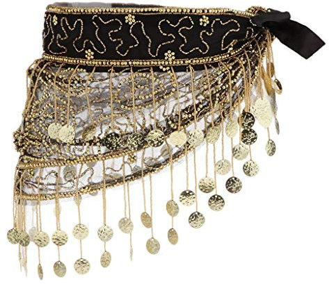 Tubayia Damen Bauchtanz Kostüm Gürtel Hüfttuch Gürtel Pailletten Quaste Tanztuch Tanzkleidung (Schwarz Gold)