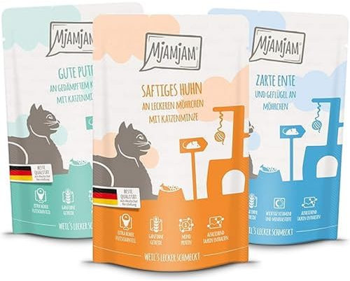 MjAMjAM - Premium Nassfutter für Katzen - Mixpaket IV - 4*Huhn, 4*Ente & Geflügel, 4*Pute 12 x 125g, 12er Pack (12 x 125 g), getreidefrei mit extra viel Fleisch