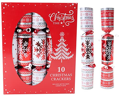 Toyland® Confezione da 10 - Cracker Natalizi nordici con Fiocchi di Neve Rossi e Bianchi - Decorazioni per la tavola di Natale