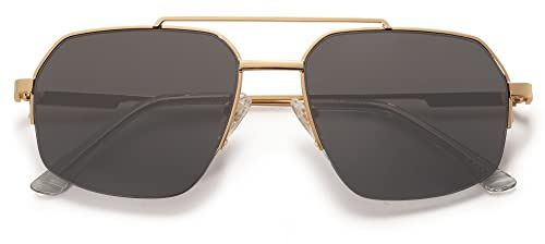 SOJOS Sonnenbrille Herren Retro Damen Vintage Groß Eckig Coole Double Bridge Metall Semi-Rimless Rechteckige UV400 Schutz Unisex Brille SJ1191 Gold