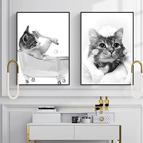 2er Badezimmer Bilder Set, Katze in der Badewanne Poster, Minimalistische Tier Leinwandbild, Moderne wandkunst für Badezimmer (50x70cm)