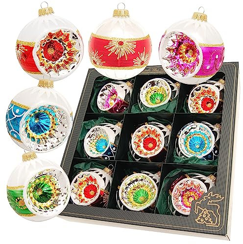 Krebs Glas Lauscha - Weihnachtsdekoration/Christbaumschmuck aus Glas - Reflex-Weihnachtskugeln - Motiv: Retro - Farben: Rot, Blau, Grün und Lila - Inhalt: 9 Stück - Größe: 7 cm